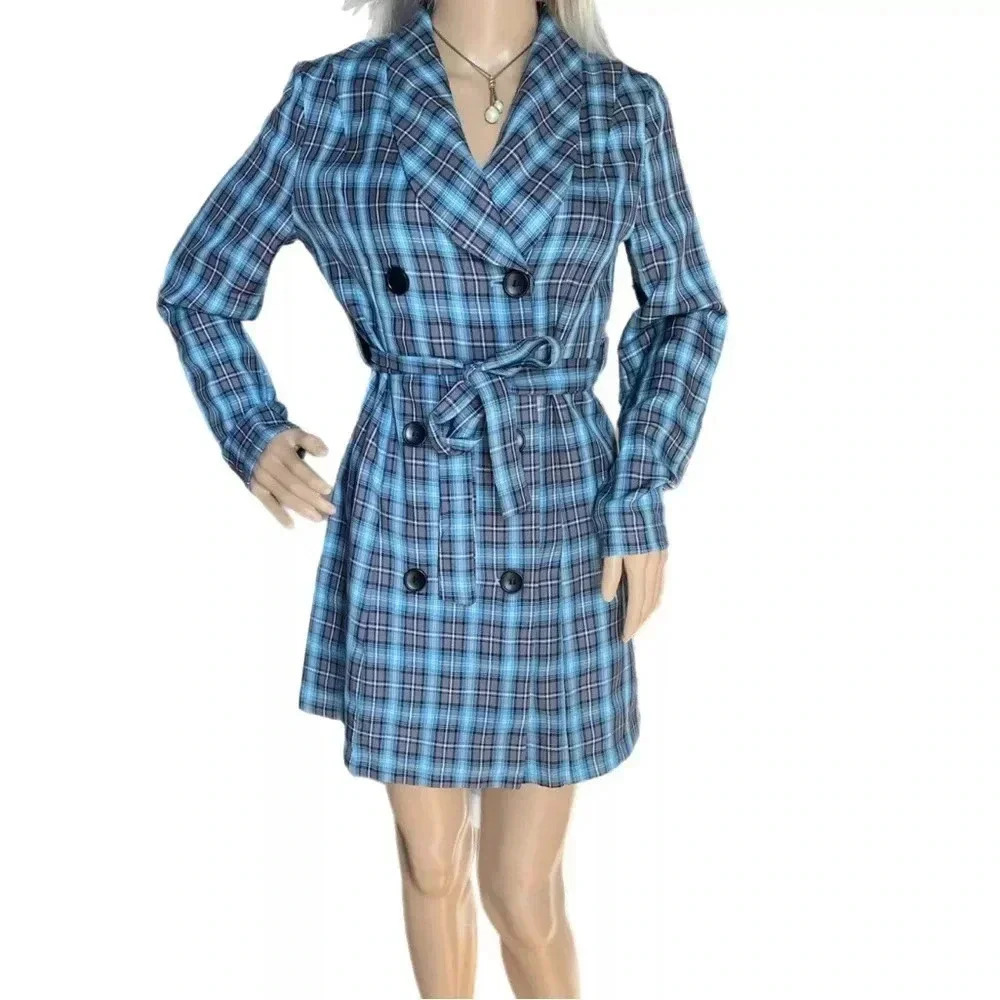NLW Dress Womens Small Blue Checkered Navy Dress Waist Belt Long Sleeve - Picture 3 of 10